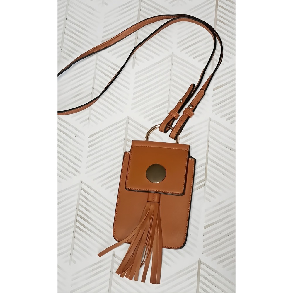 Leather Crossbody Phone Bag Cognac Brown Tassel